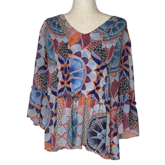 NWOT Vintage America Mandala Chiffon Peplum Top 3/4 Bell Sleeves - Size XL - Picture 1 of 11